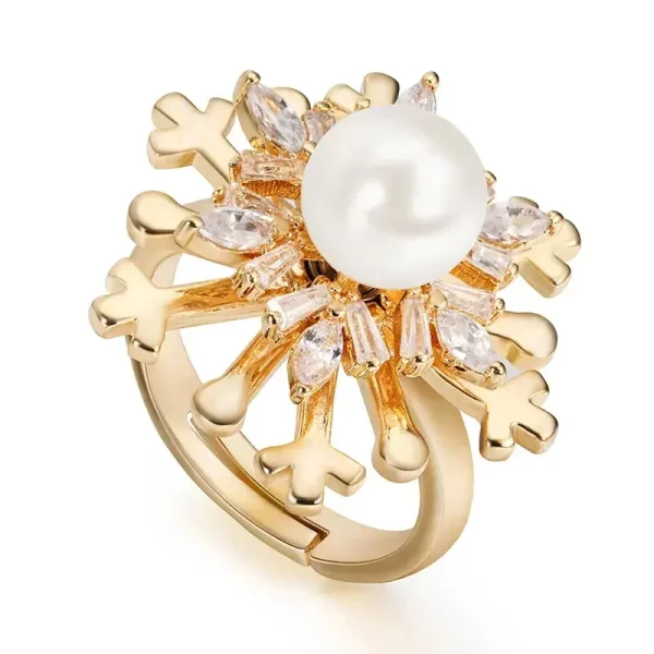 High Quality Brass Gold Plated Freshwater Pearl Rings for Women Finger Rings Snowflake design 15