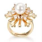 High Quality Brass Gold Plated Freshwater Pearl Rings for Women Finger Rings Snowflake design