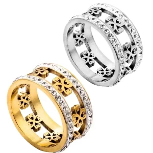 Unisex Hot Sale Shiny Four Leaves Cubic Zircon Ring Stainless Steel Silver High Quality Wholesale Finger Ring For Women Men