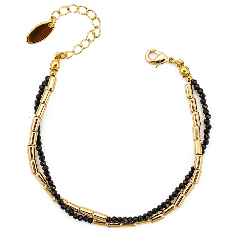18K Gold Plated Tube with Black Crystal Beads Bracelets