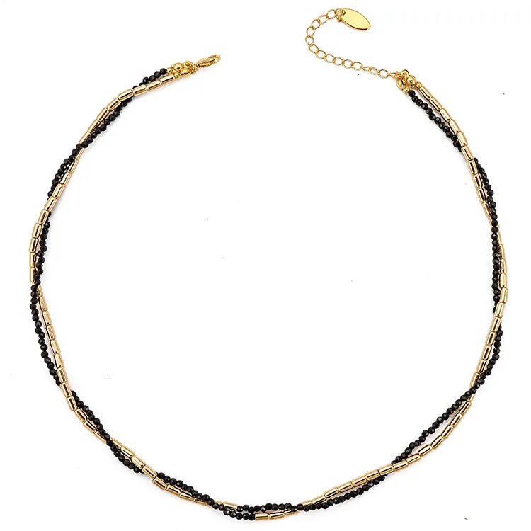 18K Gold Plated Tube with Black Crystal Beads Necklace