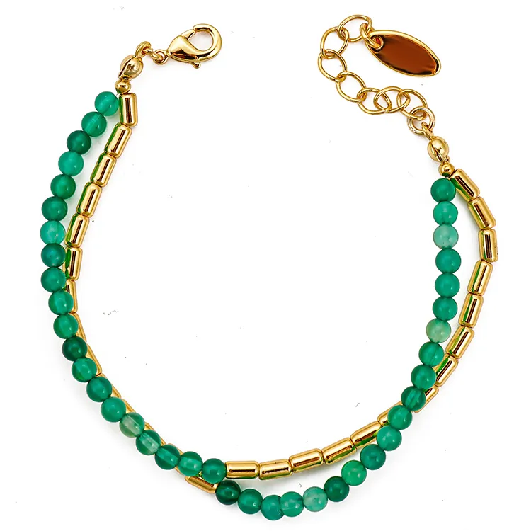 18K Gold Plated Tube with Green Agate Beads Bracelets