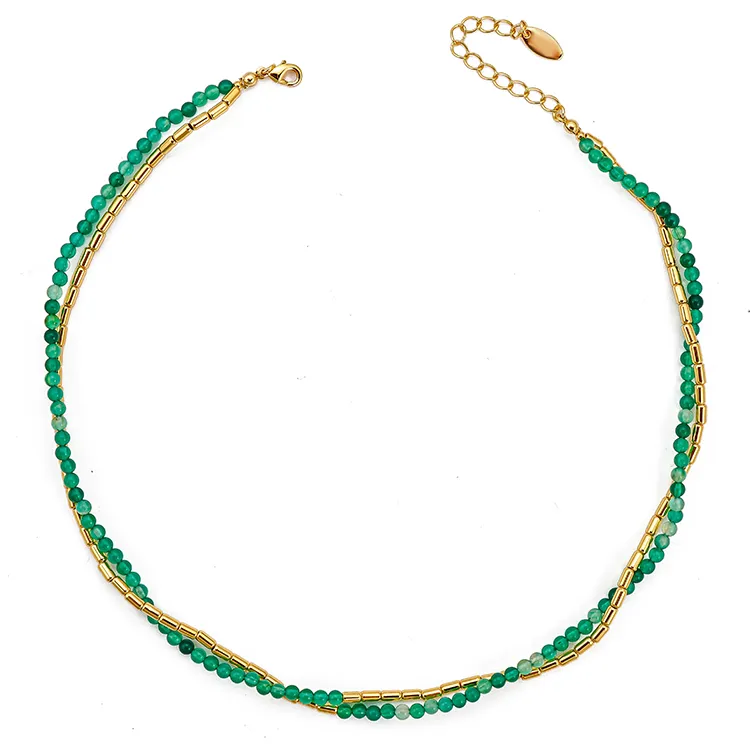 18K Gold Plated Tube with Green Agate Beads Necklace