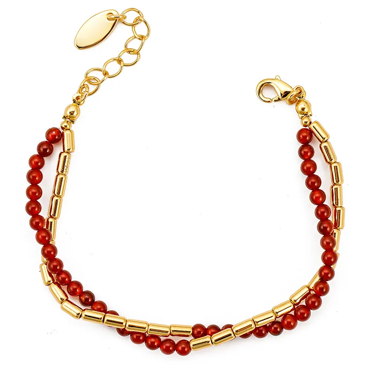 18K Gold Plated Tube with Red Agate Beads Bracelets