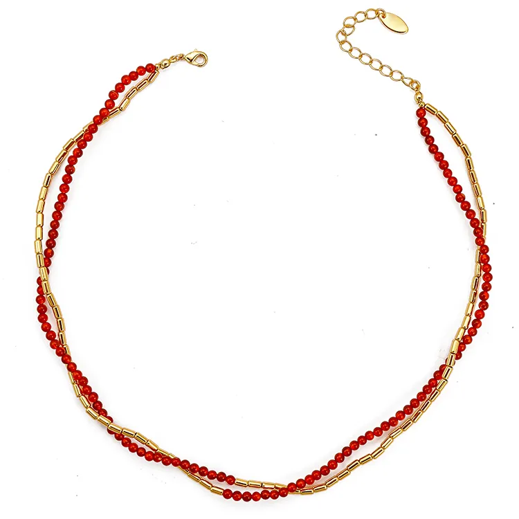 18K Gold Plated Tube with Red Agate Beads Necklace