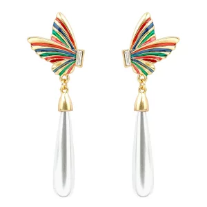 Enamel Painted Butterfly Earrings with Imitation Dropping Pearl
