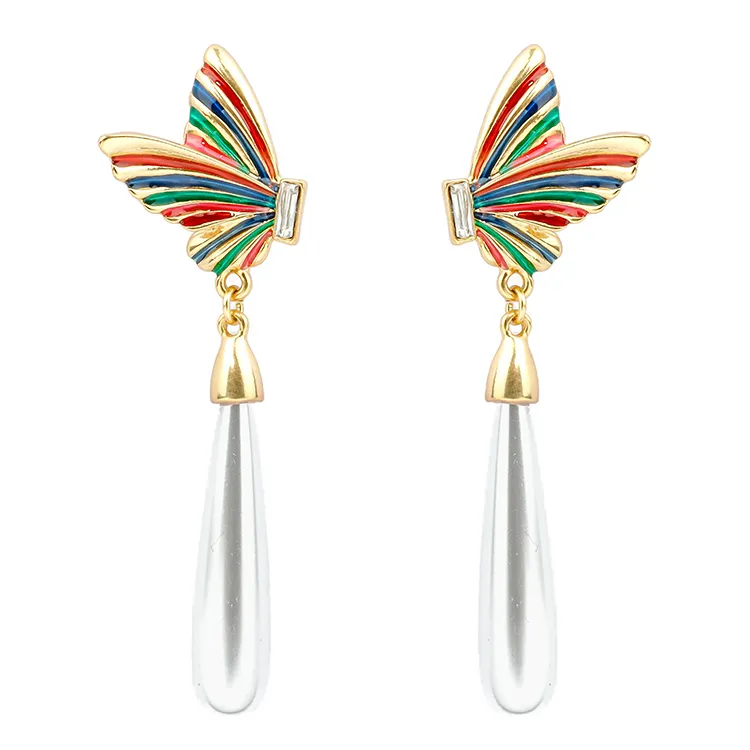 Enamel Painted Butterfly Earrings with Imitation Dropping Pearl