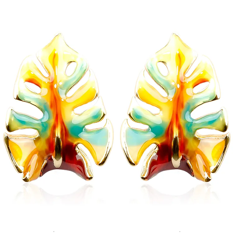 Enamel Painted Palm Leaf Earrings in 18K Gold Plated