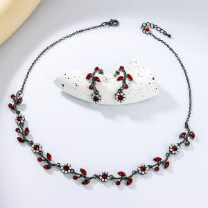 Factory Wholesale Gunmetal Plated Rube Crystal White Pearl Flower Shape Necklace and Earrings Sets for Women