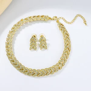 Leaves Shape Gold Plated Iced Out Necklace Earring Set