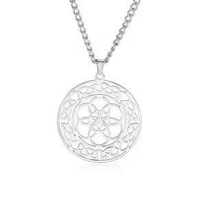 Custom Rhodium Plated Round Hollow Flower Pendant Necklace