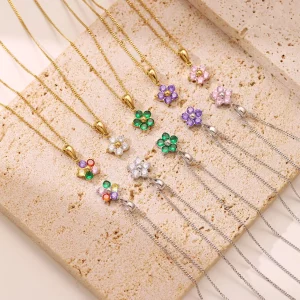 Colorful Zircon Flower Charms Necklace