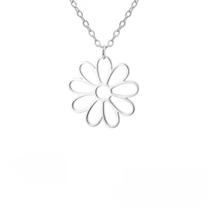 Custom Rhodium Plated Hollowed Out Flower Pendant Necklace