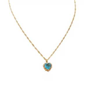 Custom 18K Gold Plated Heart Blue Zircon March Birthstone Necklace