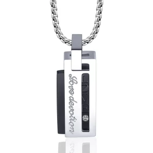Engraved Men Black Stainless Steel Pendant Necklace with Crystal
