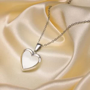 Custom White Shell Heart Shape Rhodium Plated Locket Necklace