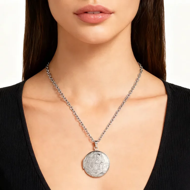 Female model wearing 316L stainless steel flower pattern photo locket necklace to showcase fit for independent online sellers