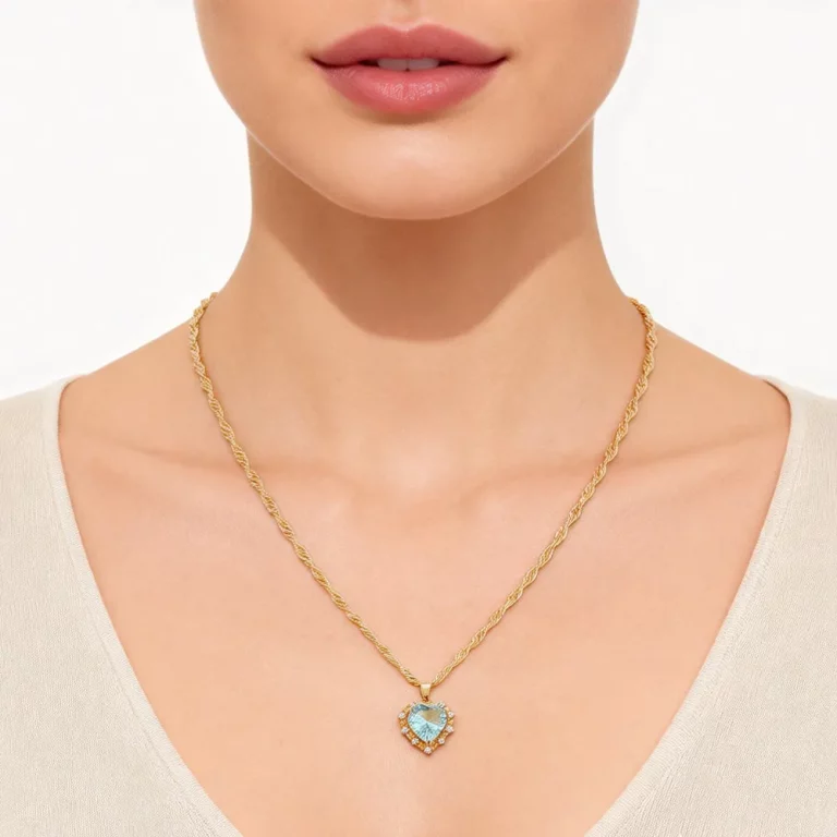 Female model wearing 316L stainless steel heart zircon birthstone necklace to showcase fit for established brands