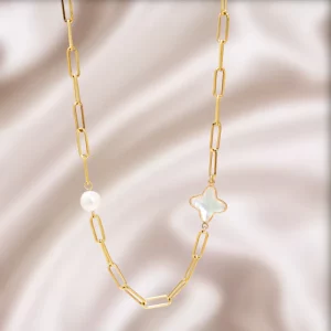 18K Gold Paper Chain Pearls Necklace for Women