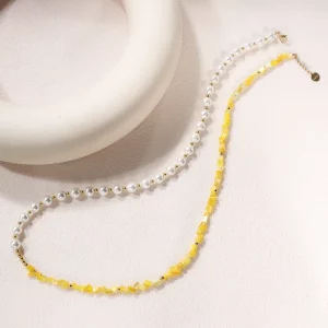 Stainless Steel Beads With Pearls Yellow Stone Beads Necklace