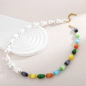 Handmade Cat Eye Stone Beads And Pearl Necklace