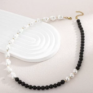 Handmade Black Stone Beads And Pearl Necklace For Ladies