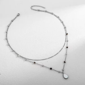 Double Layered Stainless Steel Beaded And Chain Necklace