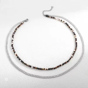 Double Layered Natural Tiger Eye Stone Beads And Stainless Steel Chain Necklace