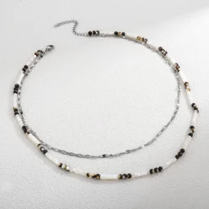 Double Layered Natural Stone Beads And Stainless Steel Chain Necklace