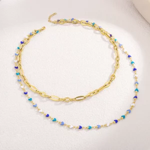 Double Layered Heart Shape Enamel Chain Necklace For Women