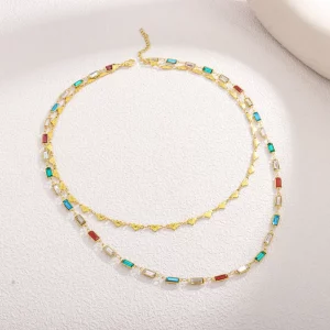 Double Layered Gold Plated Heart and Rectangular Zircon Necklace