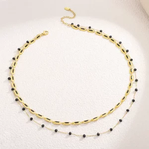 Two Layered Gold Plated Black Beads Chain Necklace