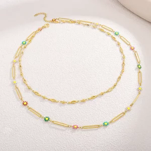 Double Layered Gold Plated Enamel Flower Chain Necklace