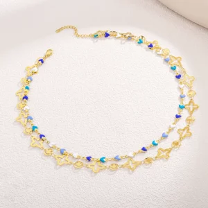 Double Layered Gold Plated Enamel Heart Chain Necklace
