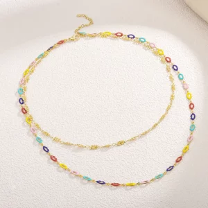 Double Layered Gold Plated Lips Shape Enamel Chain Necklace