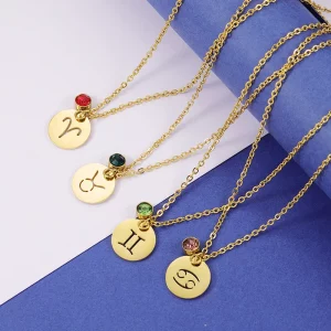 18K Gold Plated Personalized 12 Constellation Astrology Birthstone Necklace