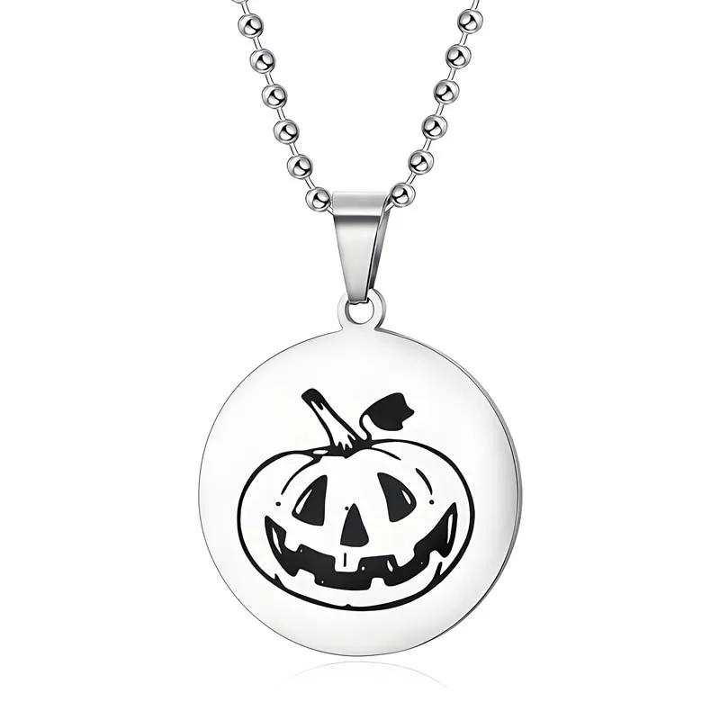 Factory Wholesale 316L S.Steel Halloween Pumpkin Pattern Military Dog Tag Round Pendant Necklace