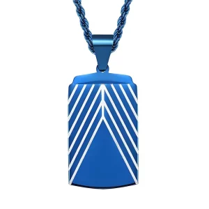 Haosen 316L Stainless Steel IP Blue Plated 3D Cutting Design Line Pattern Dog Tag Pendant Necklace