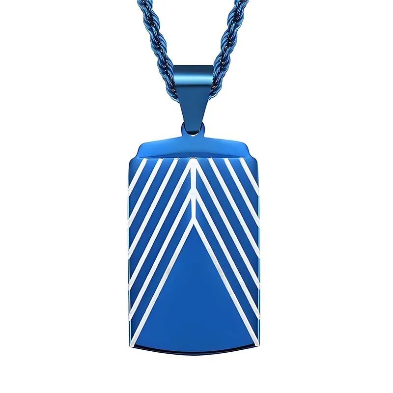 Haosen 316L Stainless Steel IP Blue Plated 3D Cutting Design Line Pattern Dog Tag Pendant Necklace