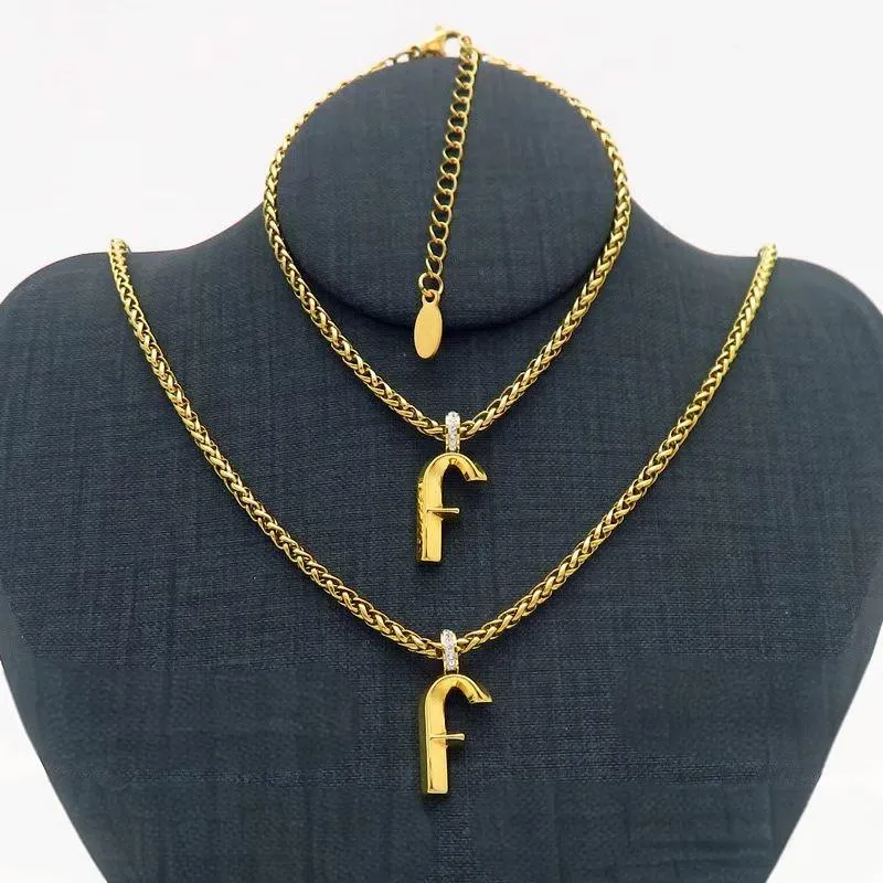 18K Gold Plated Hanging Letter F Name Necklace and Bracelet Set