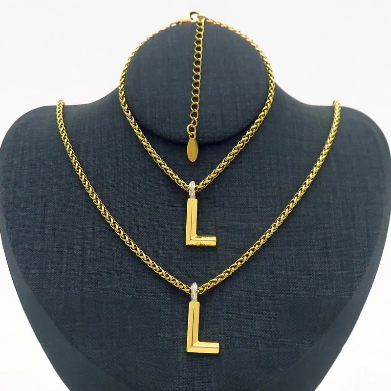 18K Gold Plated Stainless Steel Hanging Letter L Name Necklace Bracelet Set