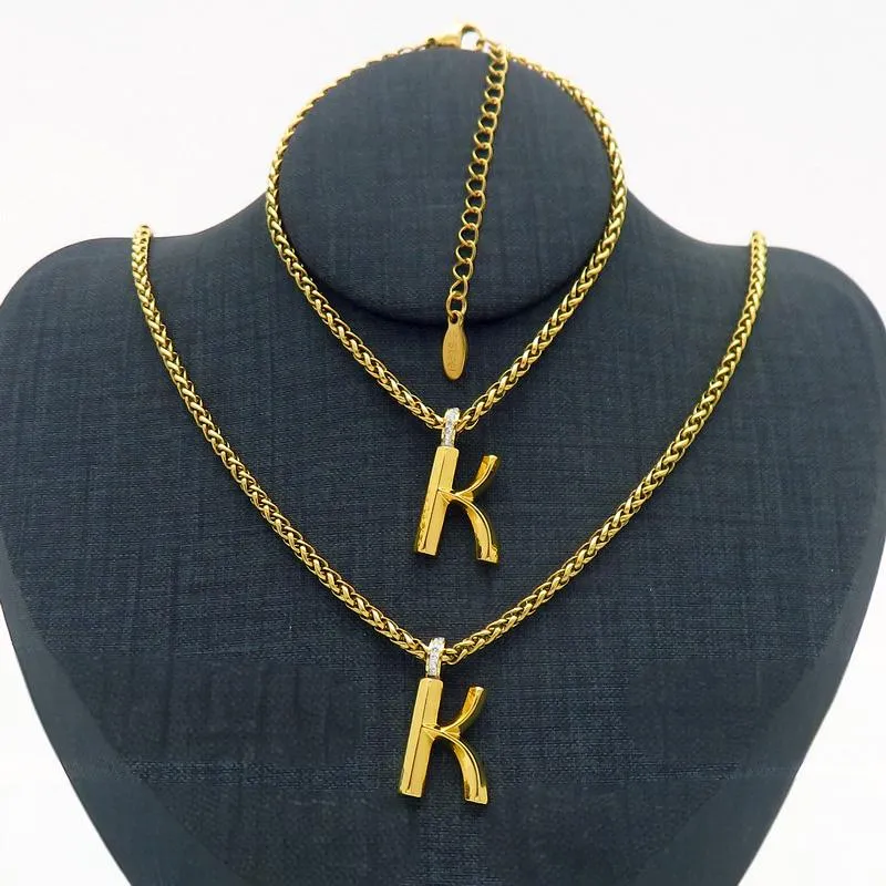 18K Gold Plated Stainless Steel Hanging Letter K Name Necklace Bracelet Set