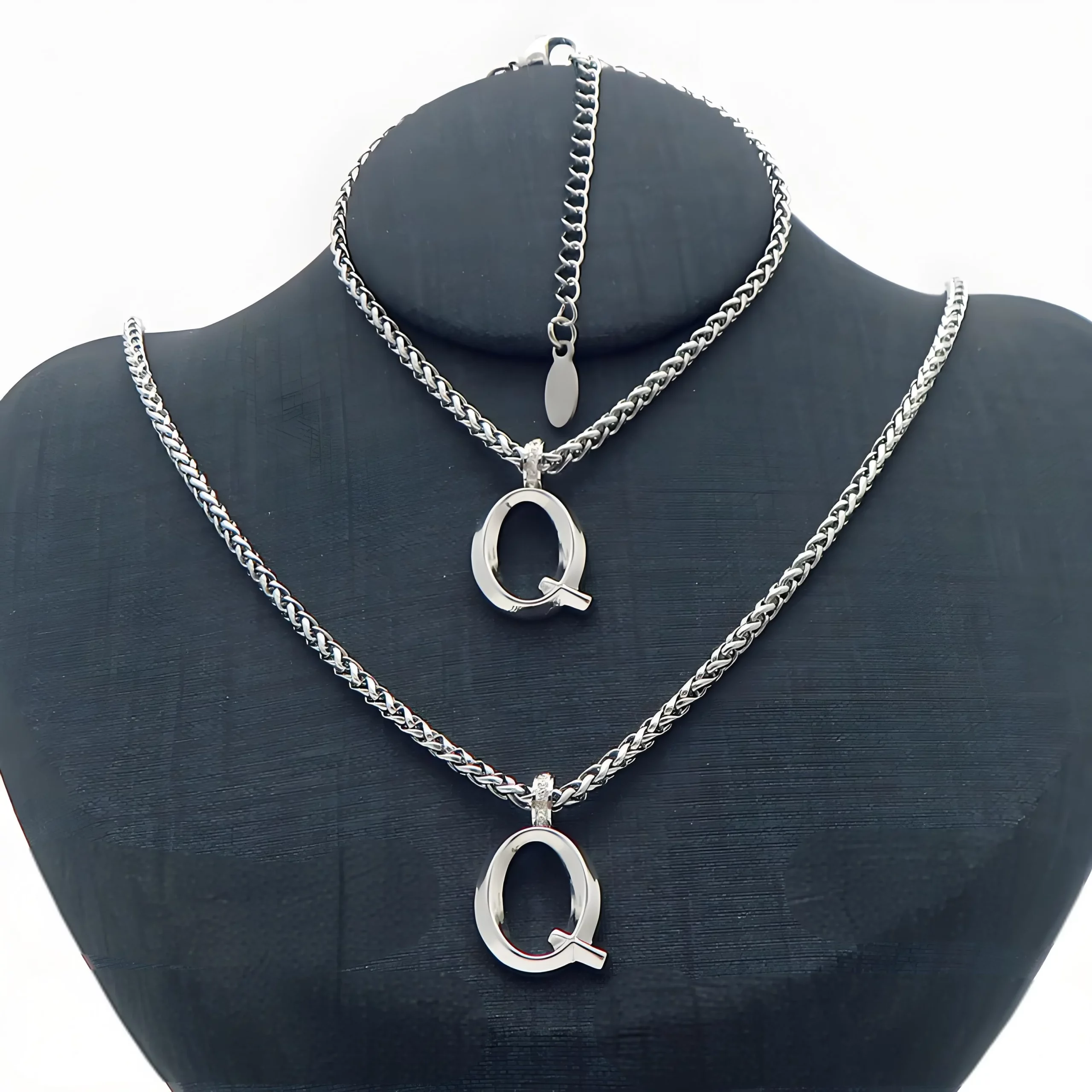 Stainless Steel Bubble Letter Q Name Necklace and Bracelet Set