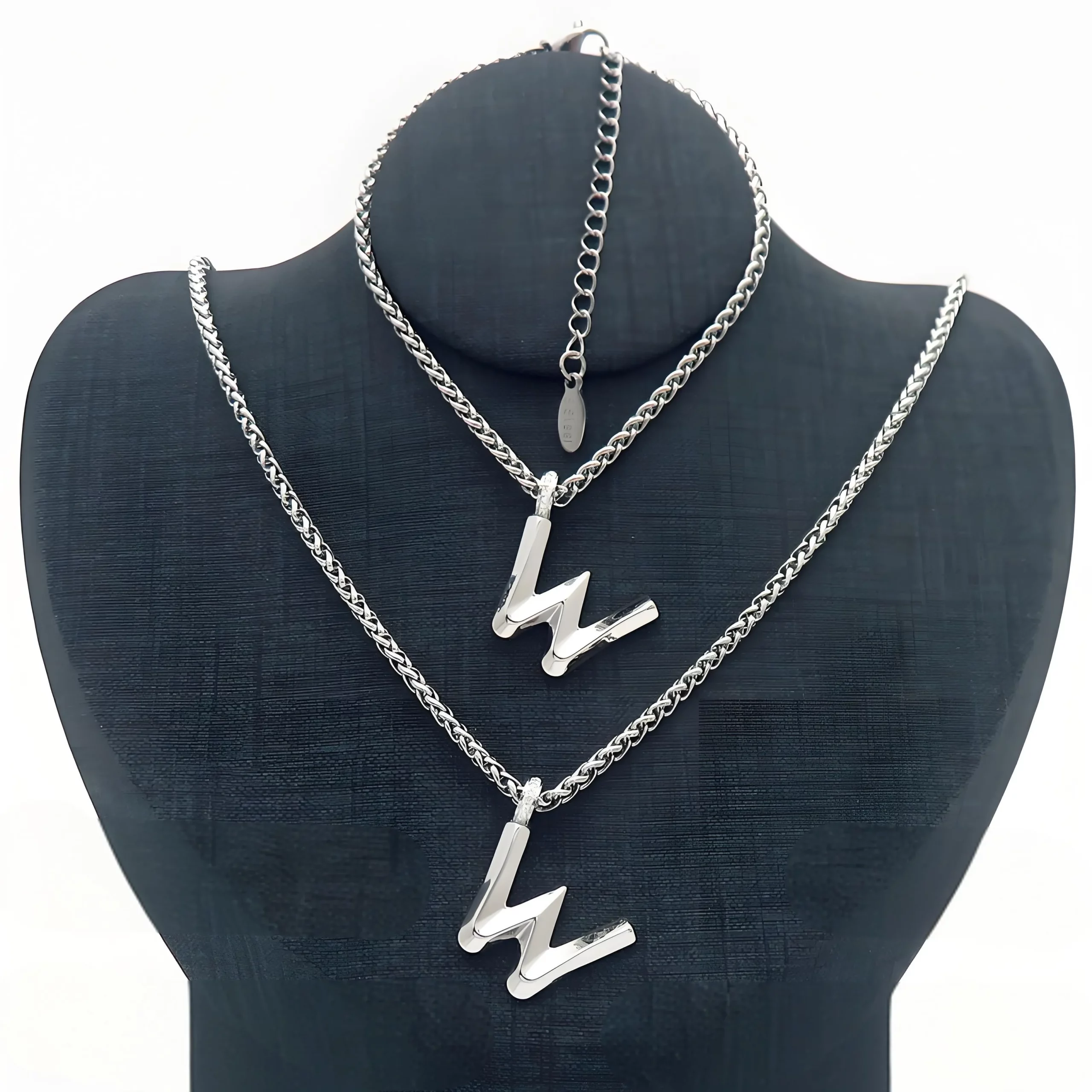 Stainless Steel Bubble Letter W Name Necklace and Bracelet Set