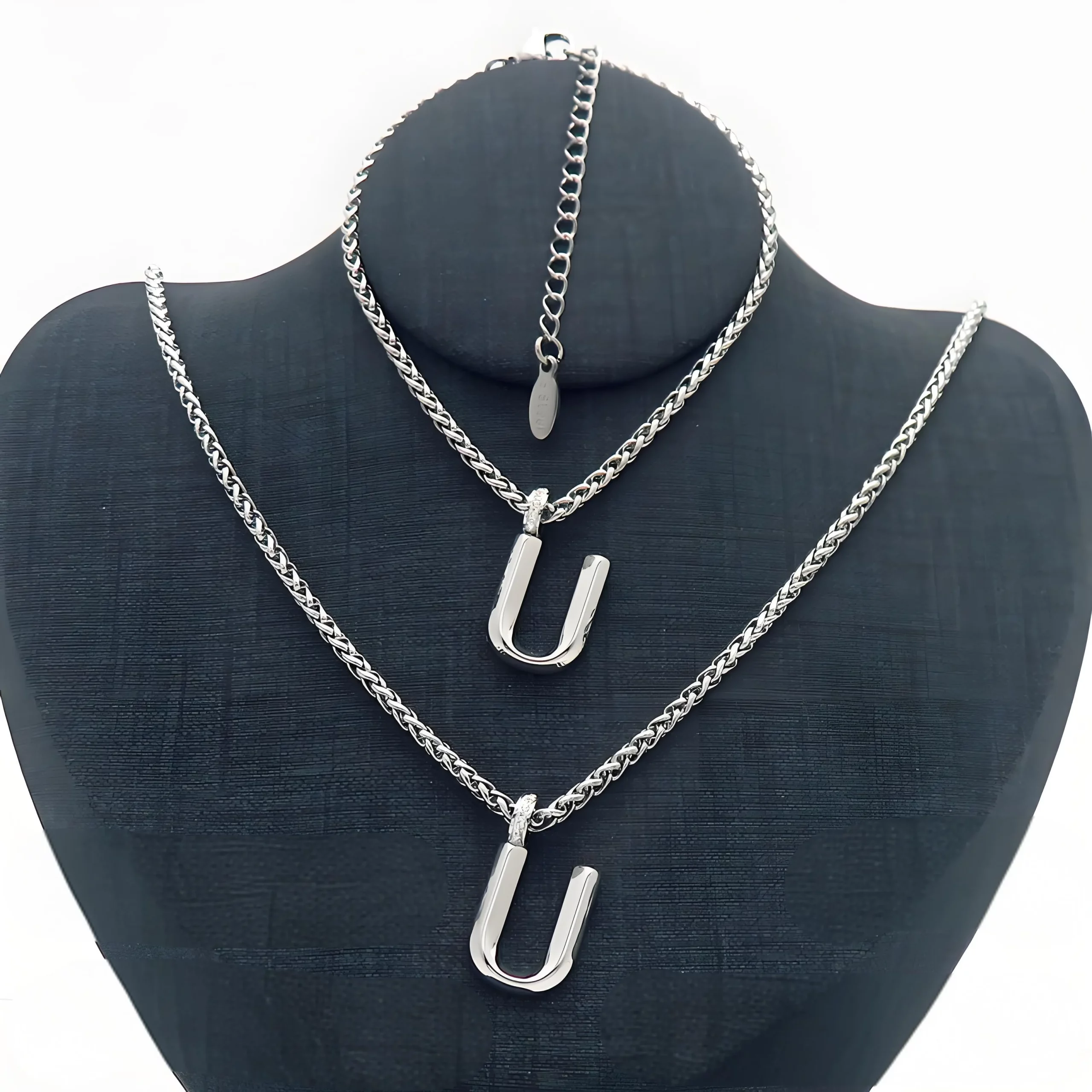 Stainless Steel Bubble Letter U Name Necklace and Bracelet Set