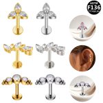 G23 Titanium Internally Threaded Flat Back Earring Labret Tragus Stud 16G Zircon Lip Rings Cartilage Helix Piercing Jewelry