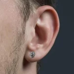 Male model wearing 74mmx95mmx25mm stainless steel skull stud earrings to showcase length and fit for major retailers