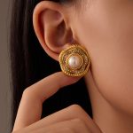 Custom Order Stainless Steel Round Zircon Pearl Stud Earrings for Women