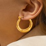 Custom Bulk Jewelry Gold Bamboo Stainless Steel Hoop Earrings for Women