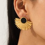 Custom Stainless Steel Obsidian Fan Sunflower Earrings for Women